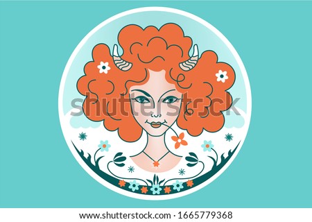 Aries zodiac constellation sign, girl or woman with fluffy red hair, horns, flowers, blue background. Fantasy illustration, ornament in a fairy tale style, logo of shampoo, brand of cosmetic products