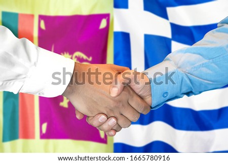 Business handshake on the background of two flags. Men handshake on the background of the Sri Lanka and Greece flag. Support concept