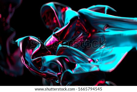 3d render of abstract art of surreal 3d background with part of curve wavy drapery blanket in organic shape, in glossy metallic material, in red pink and blue gradient color on black 