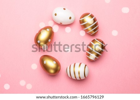 Easter basket with eggs isolated on pink. Greeting card trendy design. for you poster or flyer