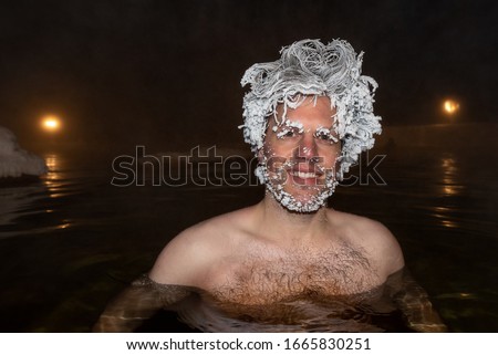 Man with frozen hair after being in the hot springs in Yukon Territory, Canada. This took about 1.5 hours to achieve this level of frost! 