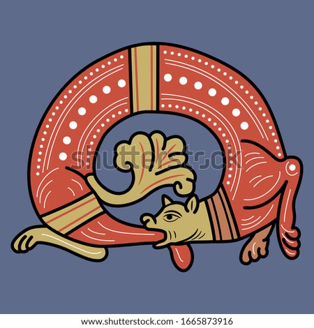 Isolated vector illustration. Medieval dragon biting its own tail. Ouroboros. Gothic illuminated manuscript motif.