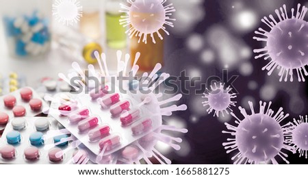 Corona virus molecule with a colored pills