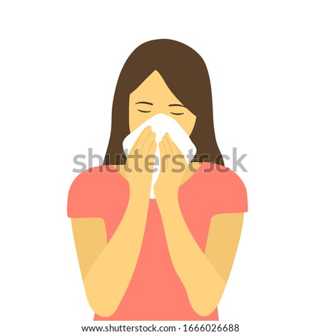 Sneezing woman concept vector illustration on white background. A woman in pink dress sneezing in handkerchief. Sick woman sneeze. Season allergy. Royalty-Free Stock Photo #1666026688