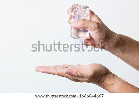 using alcohol gel clean wash hand sanitizer anti virus bacteria dirty skin care on white background clipping path Royalty-Free Stock Photo #1666044667