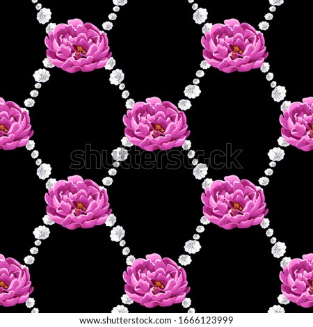 Pink peonies on black background. Abstract floral seamless pattern.   Flowers, buds, leaves in realistic style. Floral motifs. Vector.