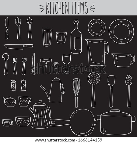 Freehand kitchen items white outline, Pots & pans, fork & knives, salt & pepper shaker illustration, Home culinary utensil sketch, Soup bowl, spoon & spatula drawing, Glass bottle, cups, plates, cook