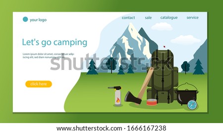 Landing page concepts and web design. Hiking backpack on the background of mountains. Next to it are an axe, a pot, a gas cylinder, a can, and a compass. Stock vector graphics