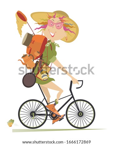 Traveler woman rides a bike isolated illustration. Smiling traveler woman in big hat with rucksack and outfit rides a bike and looks healthy and happy isolated on white
