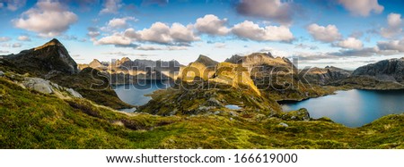Spectacular mountain panoramic view in the middle of wilder part of Lofoten islands, Norway Royalty-Free Stock Photo #166619000