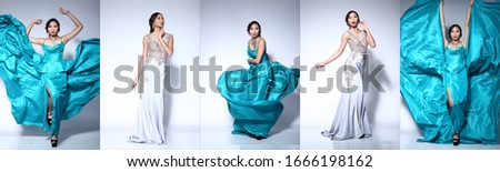 Collage Group Portrait of 20s Asian Woman wear many dress and express feeling poses in doctor, casual, gown, evening, full length, isolated studio lighting long hair