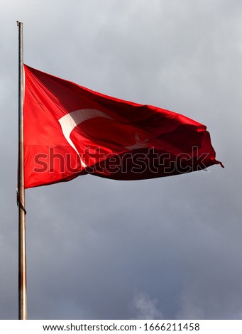 Turkish flag on flagpole at windy gray day