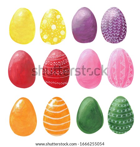 Set of colored easter eggs with hand lettering and wish for happy easter holiday. Watercolor gouache hand drawn illustration. Concept of design, greeting post card, banner, pattern