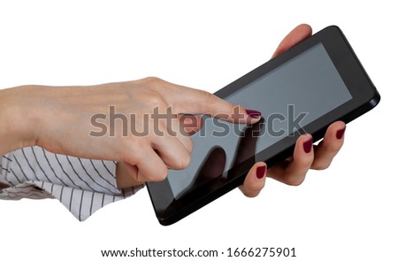 Hands touching the display of a smartphone, isolated against a white background.