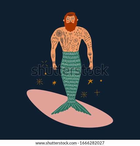 Cartoon color card with cute flat cartoon sea boy mermaid or merman illustration. Perfect for invitation or leaflet design, Birthday postcard and Father Day, poster, t-shirt. Surf concept. Vector clip