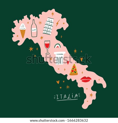 Modern cartoon colorful flat stylized Italian map with icons, symbols, cute illustration. Doodle landmarks concept, food and drinks of Italy. Vector EPS clip art design