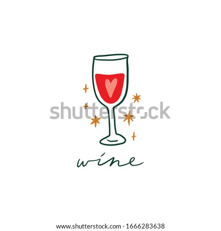 Red wine doodle glass and lettering. Vector EPS clip art design