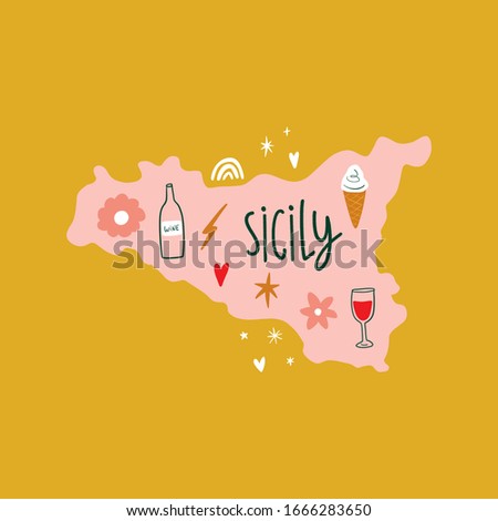 Modern cartoon colorful flat stylized Italia Sicily map with icons, symbols, cute illustration. Doodle landmarks concept, food and drinks of Italy. Vector EPS clip art design