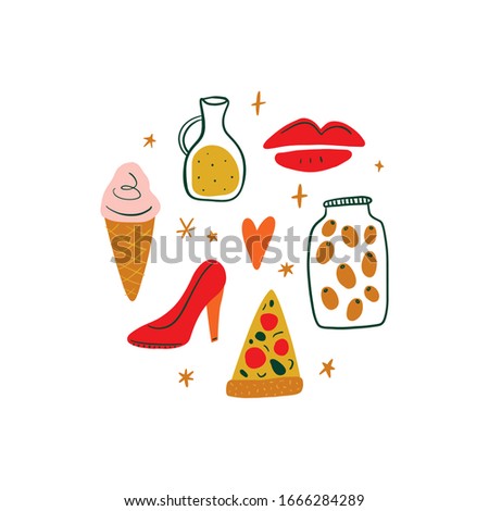 Modern cartoon colorful flat stylized Italian icons symbols, label, cute illustration. Doodle concept, food and drinks of Italy. Vector EPS clip art design