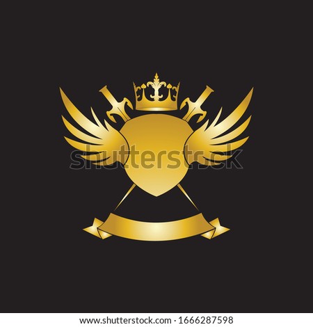 Heraldic Composition with crown, swords, wings, shield and ribbon.