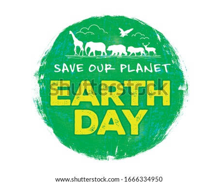 Earth Day. Save Planet. World Environment Day concept. Green Eco Earth. Globe vector illustration. Wild animals on blue globe. World map on heart shape. Elephant, giraffe, eagle and leaf.