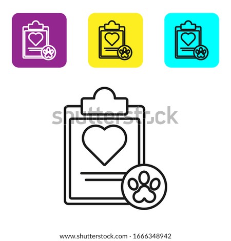 Black line Clipboard with medical clinical record pet icon isolated on white background. Health insurance form. Medical check marks report. Set icons colorful square buttons. Vector Illustration