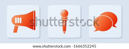 Set Microphone, Megaphone and Speech bubble chat. White square button. Vector