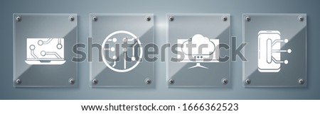 Set Smartphone, mobile phone, Computer monitor screen, Processor and Laptop. Square glass panels. Vector