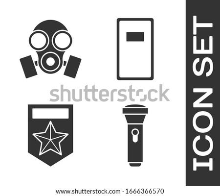 Set Flashlight , Gas mask , Chevron  and Police assault shield  icon. Vector