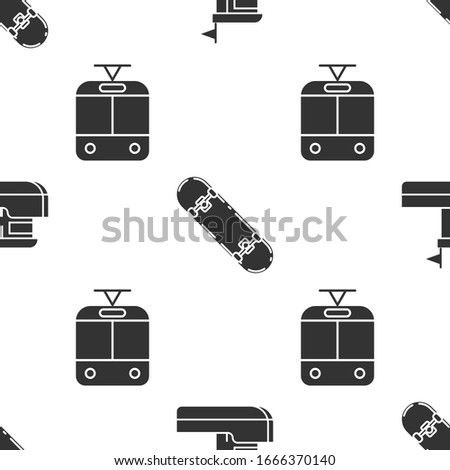 Set Fishing boat, Skateboard and Tram and railway on seamless pattern. Vector
