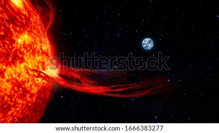 Solar prominence, solar flare, and magnetic storms. Influence of the sun's surface on the earth's magnetosphere. Elements of this image furnished by NASA.