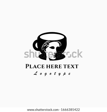Antique woman face on cup. Vector Logotype for cafe or restaurant.