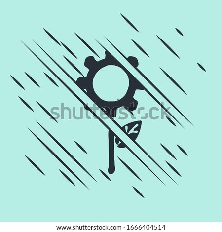 Black Leaf plant ecology in gear machine icon isolated on green background. Eco friendly technology. World Environment day label. Glitch style. Vector Illustration