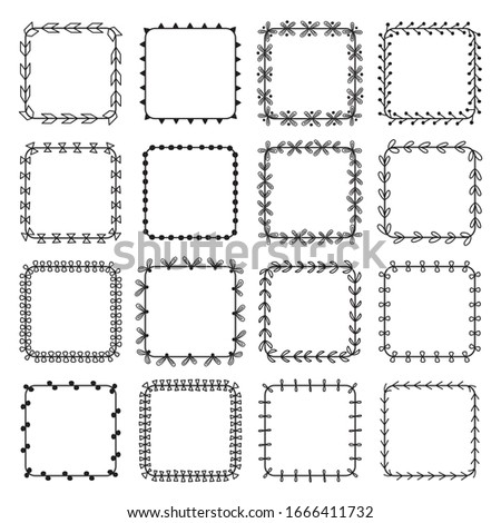 Elegant freehand clear decorative square wreaths border black outline, Blank simple line circle classic label sticker, Wavy, flower, dots, arrow, bow, sun and zig zag shape