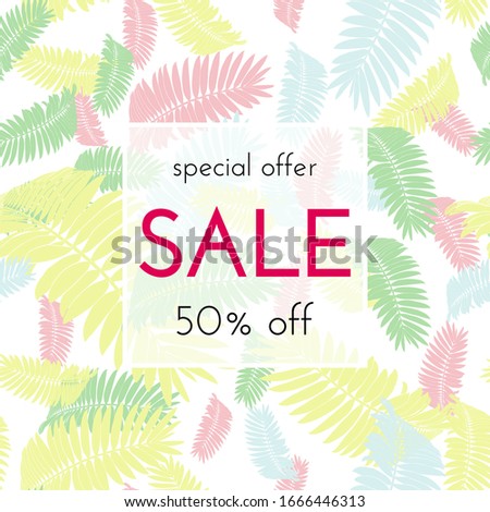 Sale floral card. Palm branch ink sketch. Fashion print for a banner, shopping, discount, invitation. Vector illustration for your social media template design