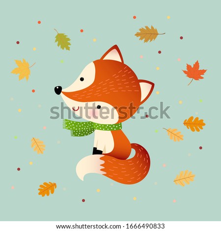 Vector illustration cartoon red fox with autumn leaves. Hello autumn background.