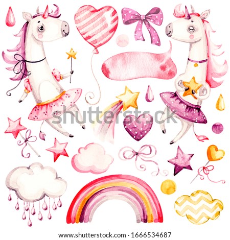 Cute unicorn Baby girl. Watercolor nursery cartoon magic animals horse, fantasy clouds rainbow. Adorable Nurseries pink set isolated on white background. Hand painted watercolour cute unicorn clip art