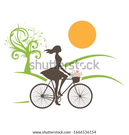abstract landscape in behind of young woman riding bicycle, vector