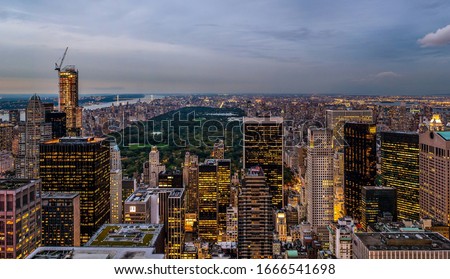 New york city building lights ariel view.