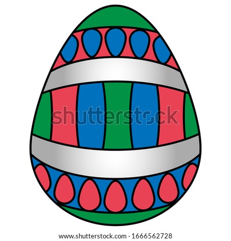 Easter egg. Egg. Ornament from multi-colored stripes and mini eggs. Colored vector illustration. Isolated background. Cartoon style. Festive print. Idea for web design, invitations, postcards. 