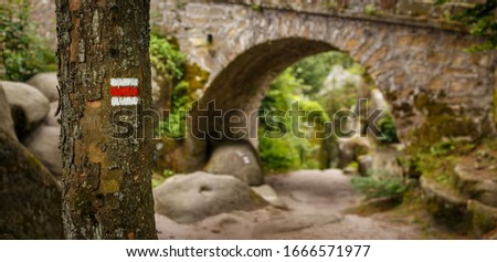 Tourist sign on a tree marking a trail in beautiful landscape of