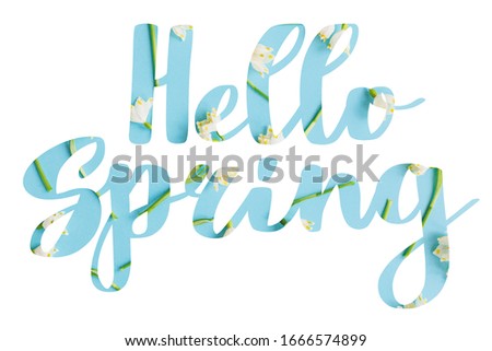Hello Spring. Stylish Hello Spring  floral text with white spring flowers on blue background, lettering isolated on white. Floral greeting card or poster template. Springtime