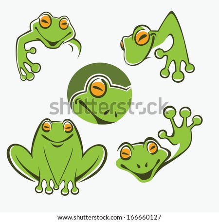 Cute green tree frog cartoon character Icons, symbols and emblems