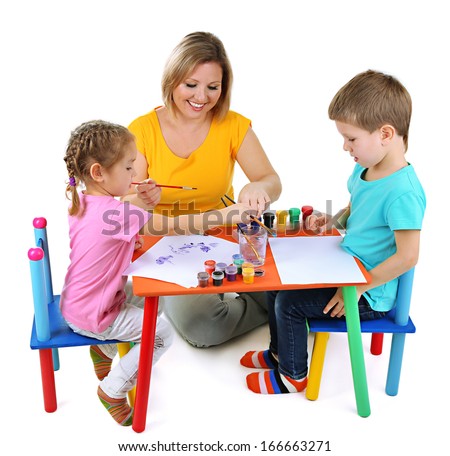 Little children drawing with mom isolated on white