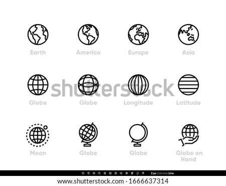 Globe and Continents Editable Line Icons Set.