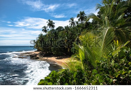 Wild caribbean jungle Rainforest beach Manzanillo Puerto Viejo Costa Rica Central Latin America blue sky sea water ocean  Royalty-Free Stock Photo #1666652311