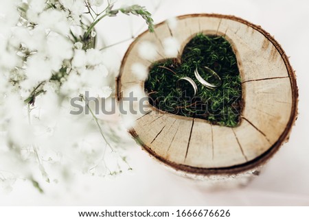 Detail of wedding decoration in form of carved heart shape into wooden trunk. Decoration is filled with moss with inserted wedding rings. Picture with very shallow depth of field, focused on rings.