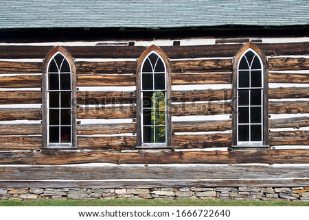 Detail of wooden log church exterior, Madill, Ontario, Canada.