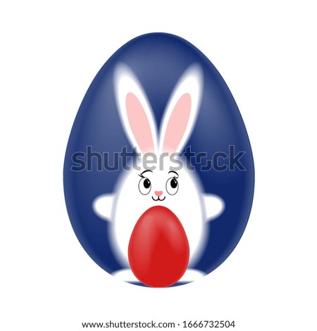 White easter bunny on a background of blue egg with a red egg. Stock vector illustration.