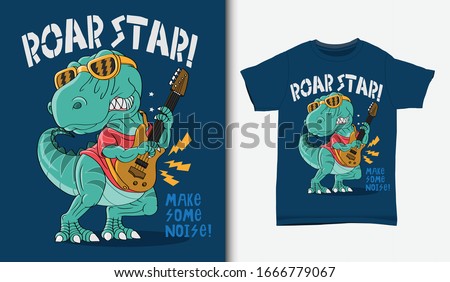 Cool dinosaur rock star illustration with t-shirt design, Hand drawn